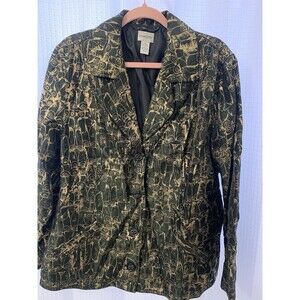 Chicos Jacket Unique Owl Print Belted Metallic Line Drawing Art  Sz 3 XL XXL Mod